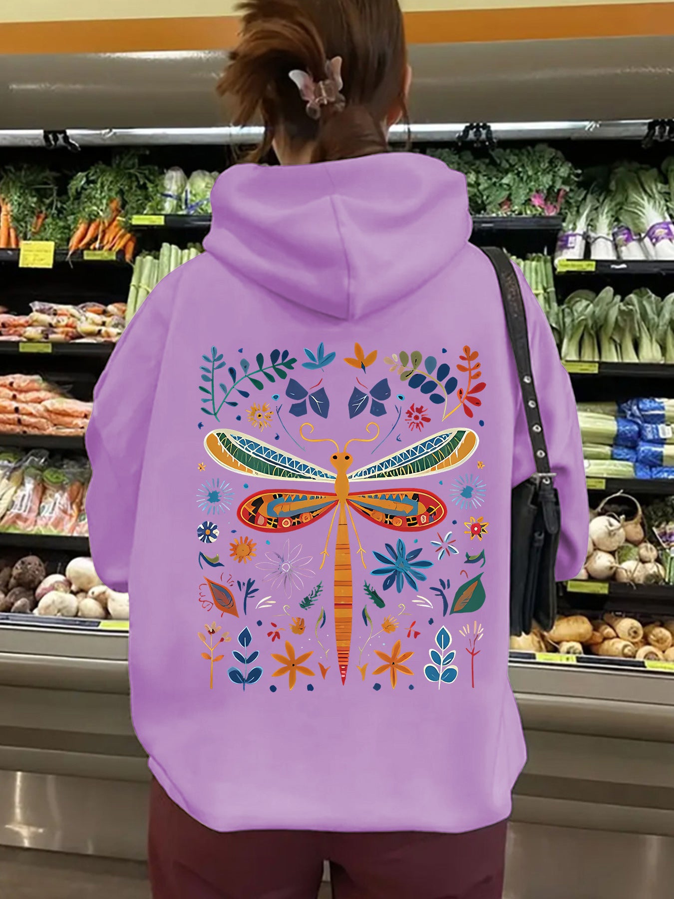 Top hoodie with dragonfly pattern print