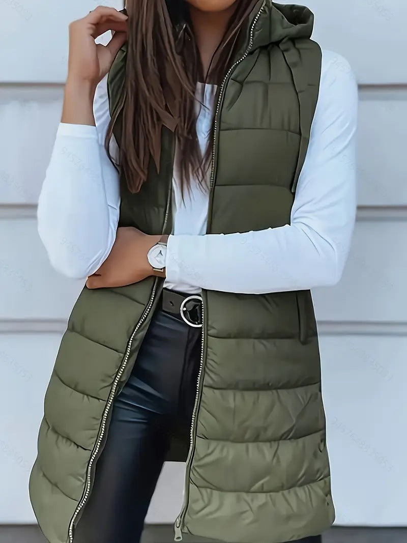 Solid color medium long vest hooded slim fit sleeveless jacket for women