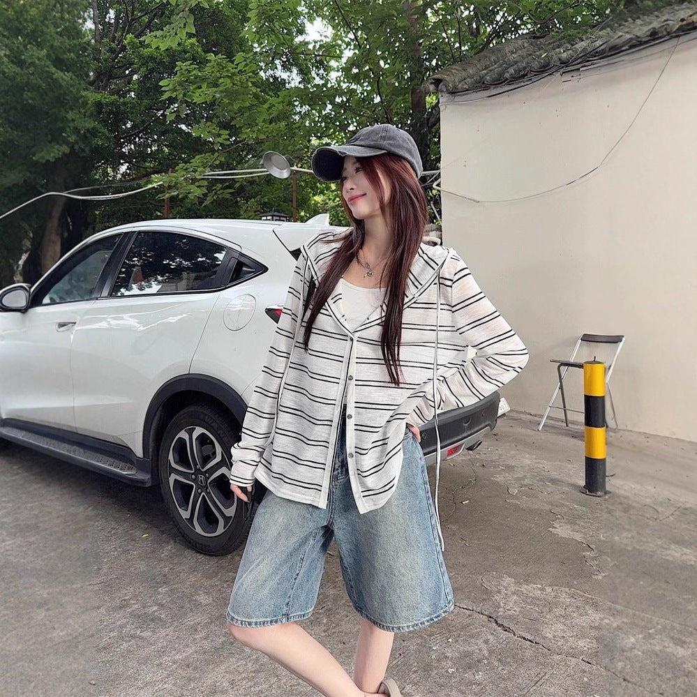 Striped Hooded Jacket for Women, Lightweight Long Sleeve Sun Protection Cardigan, Lazy Style Loose Top