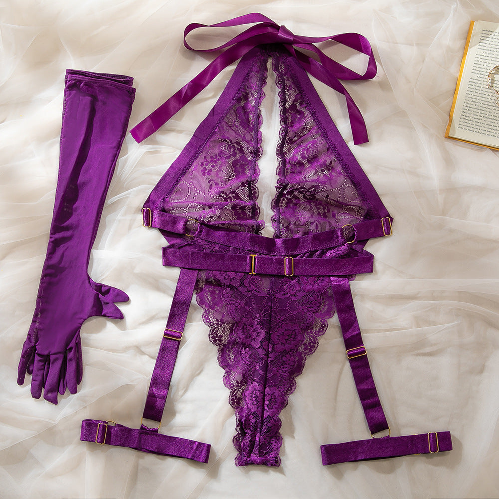 Purple Sexy Lace Halter Jumpsuit Deep V-Neck Sheer Shapewear with Suspender Stockings and Gloves Set