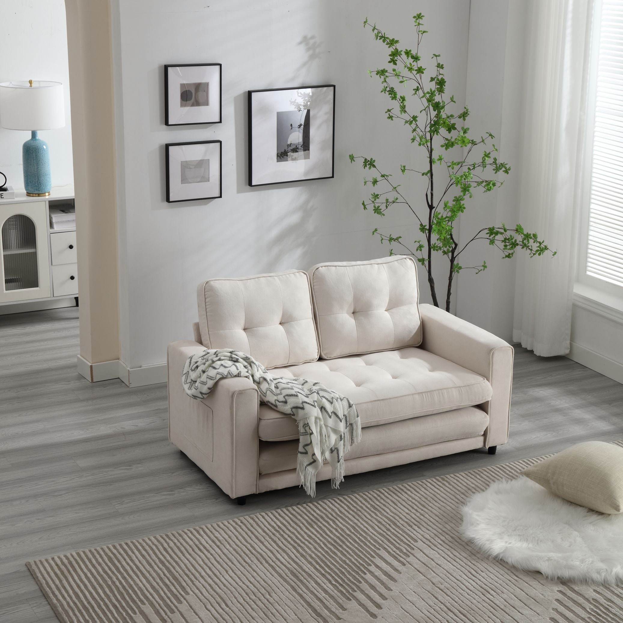 3 Fold Sofa Convertible Futon Couch sleeper sofabed Space saving loveseat Dark Gray & Light Gray & Beige