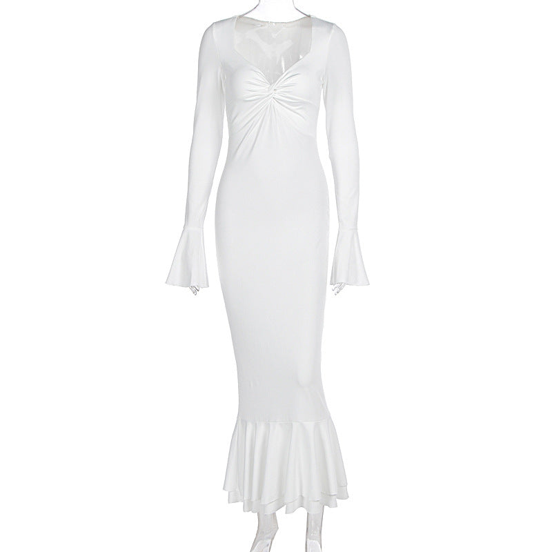 Solid color low cut long sleeved slim fit hip hugging ruffle edge dress