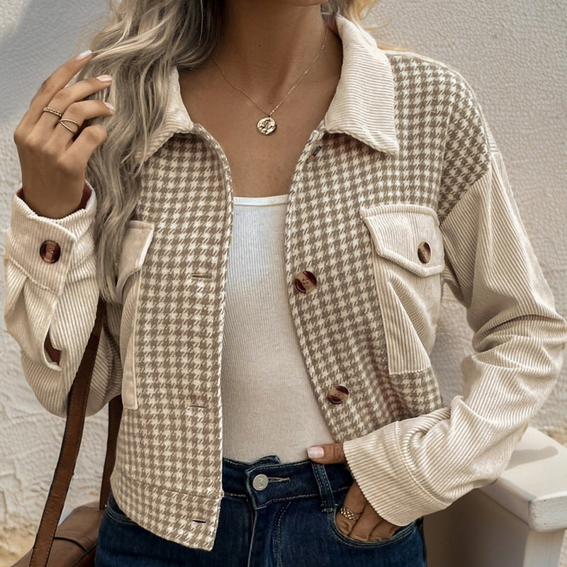 Flip collar short corduroy patchwork houndstooth women's jacket