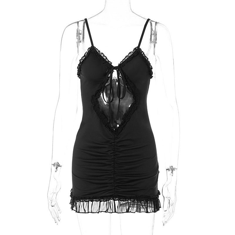 Black fungus edge hollow lace up dress