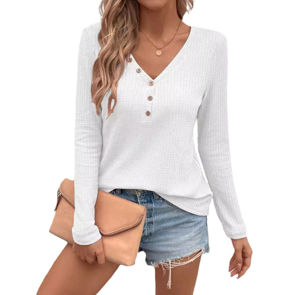 Waffle V-neck Buttons Long Sleeve T-shirt