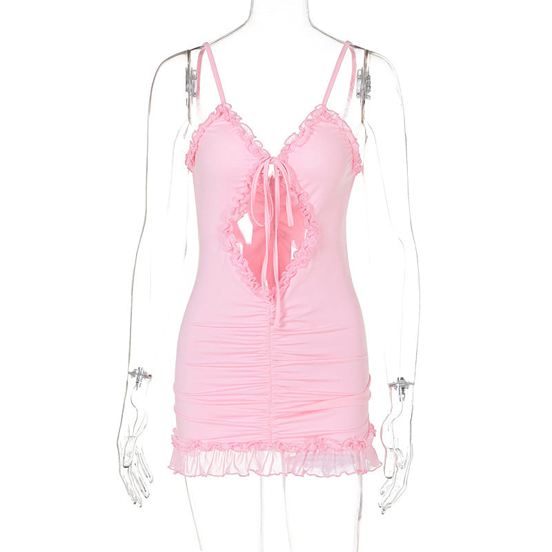 Black fungus edge hollow lace up dress