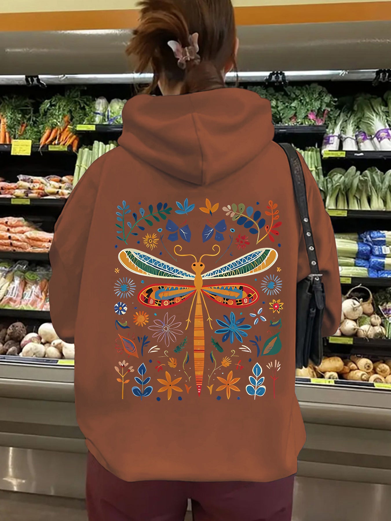 Top hoodie with dragonfly pattern print