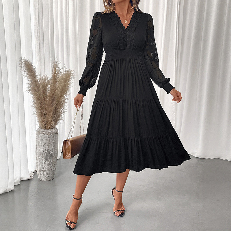 V-neck waist cinched lace long sleeved solid color dress for women