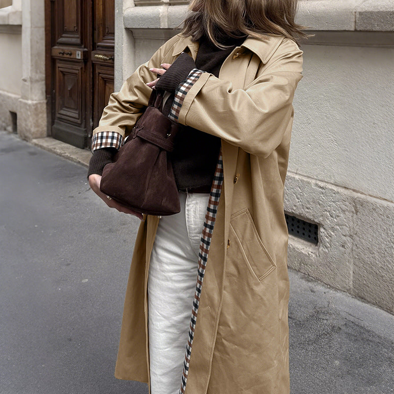 Extended plaid patchwork lapel windbreaker jacket for women