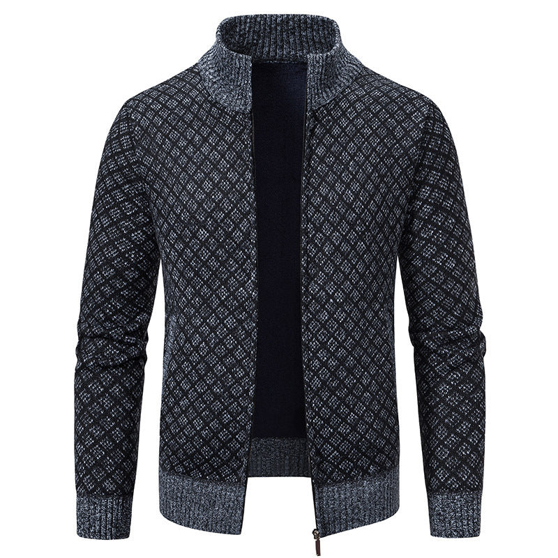Thickened Plaid Print Jacket Cardigan Fashion Slim Fit Zipper Stand Collar Sweater Winter Men's Casual Long Sleeve Knitted Top Clothing
