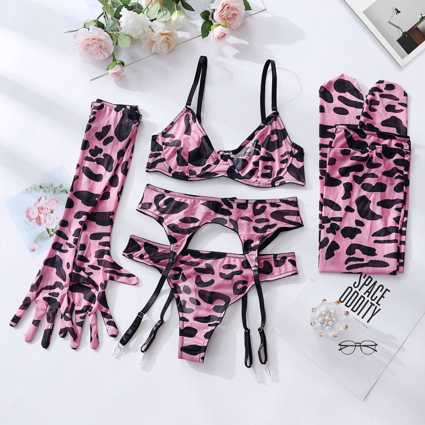 Tie-Dye Colorful Small Bust Gathering Mesh Sexy Lingerie Five-Piece Set for Women