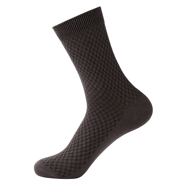 Bamboo fiber cotton socks mid tube men's socks double needle dark flower square grid socks
