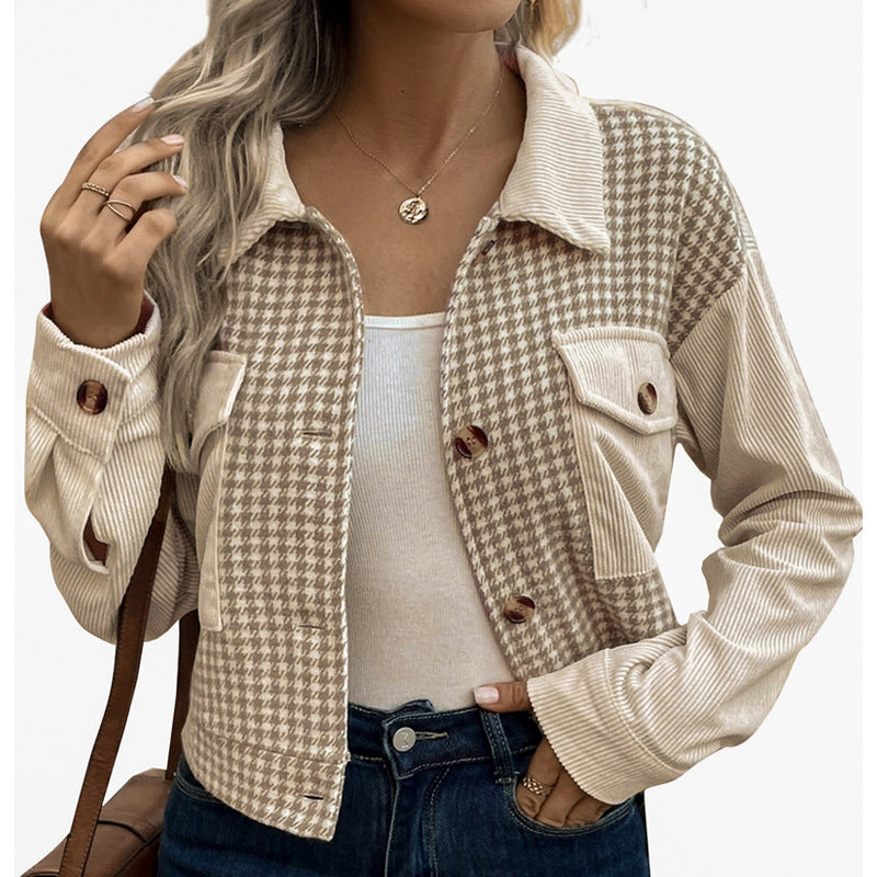 Flip collar short corduroy patchwork houndstooth women's jacket