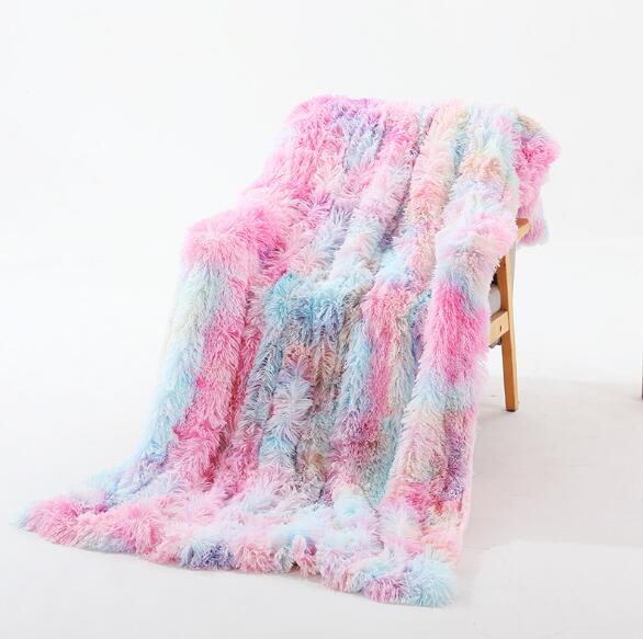 Rainbow Plush Super Soft Blanket Colorful Bedding Sofa Cover Furry Fuzzy Fur Warm Throw Cozy Couch Blanket for Winte