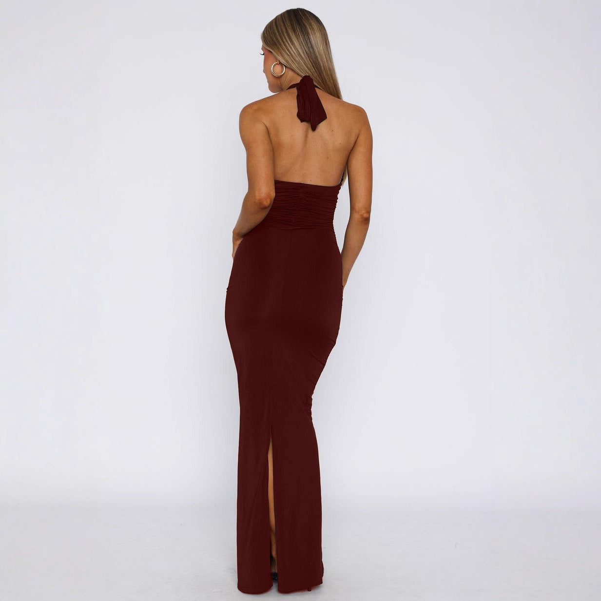 V-neck slim fit lace up backless sleeveless long dress