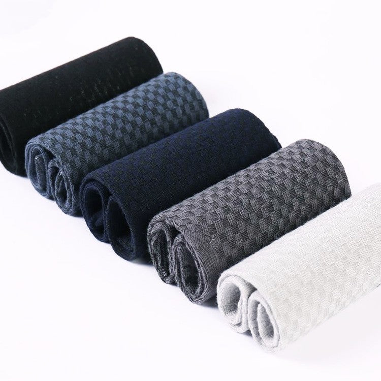 Bamboo fiber cotton socks mid tube men's socks double needle dark flower square grid socks