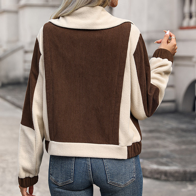 Casual and minimalist style warm fleece zipper color blocked jacket for women