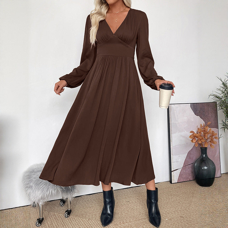 Retro style dress with waist cinched deep V-neck brown dress