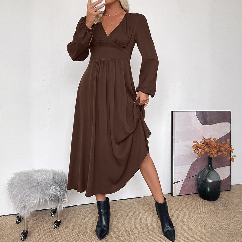 Retro style dress with waist cinched deep V-neck brown dress