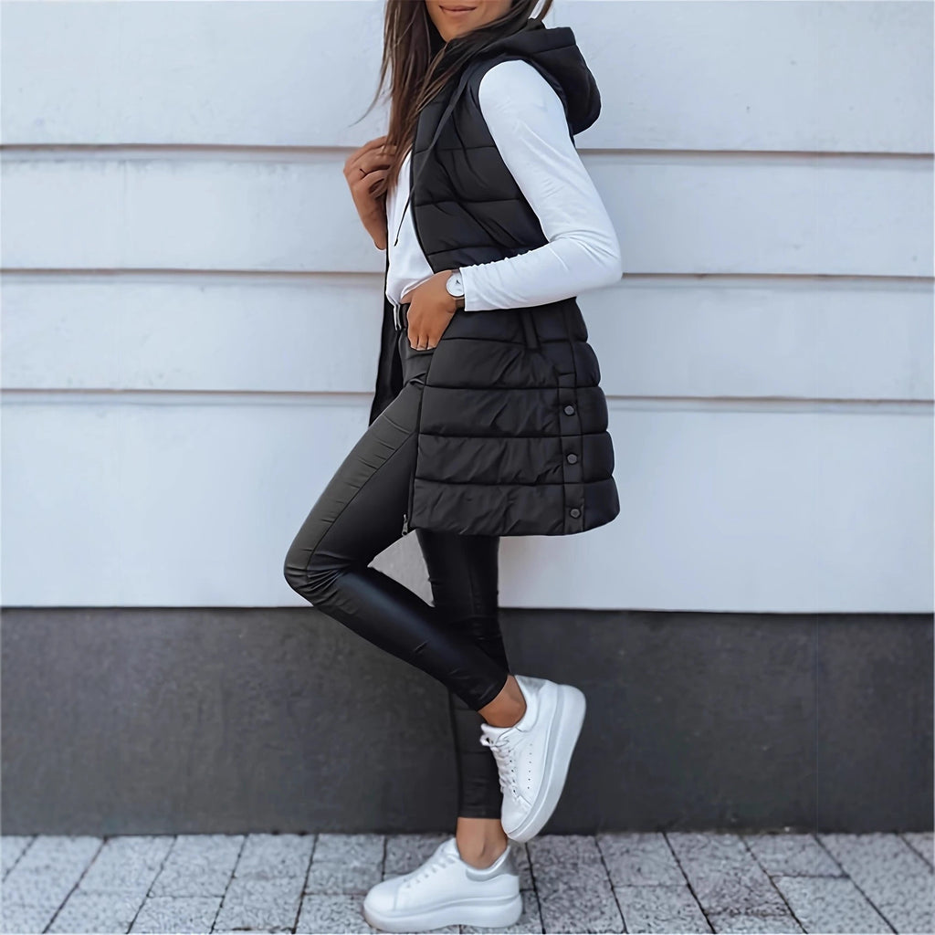 Solid color medium long vest hooded slim fit sleeveless jacket for women