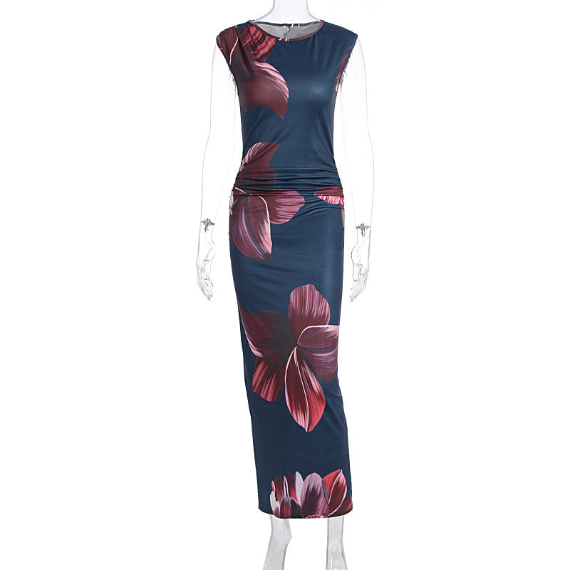 Sleeveless printed slim fit hip hugging dress