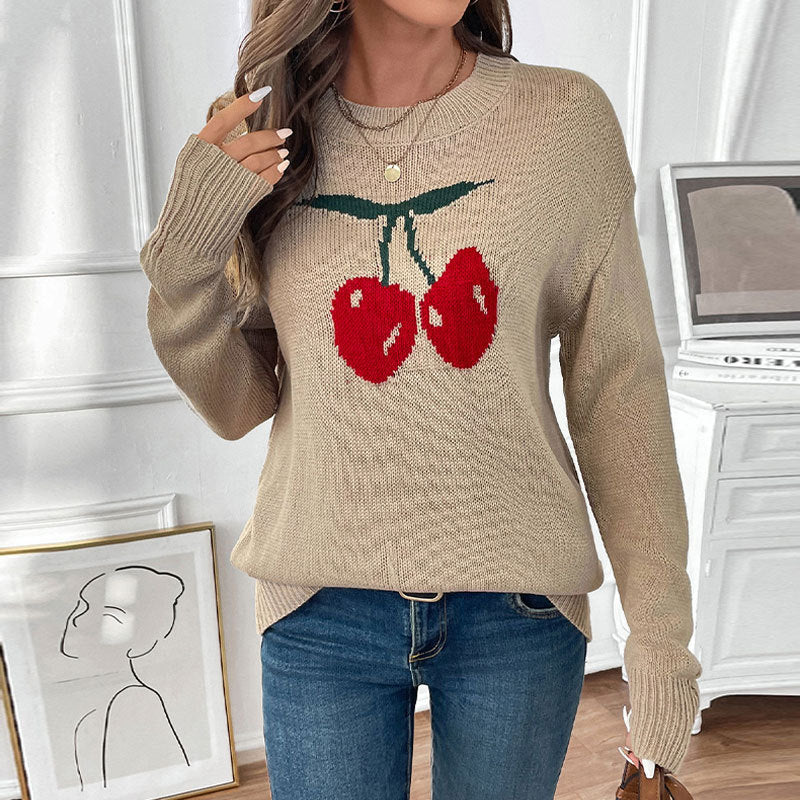 Round neck loose cherry jacquard pattern knitted sweater for women