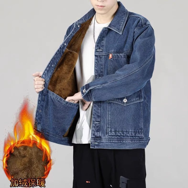 American Style Heavyweight Denim Jacket for Men, Autumn Winter, Warm Lined, Thickened, Loose Fit, Casual Outerwear