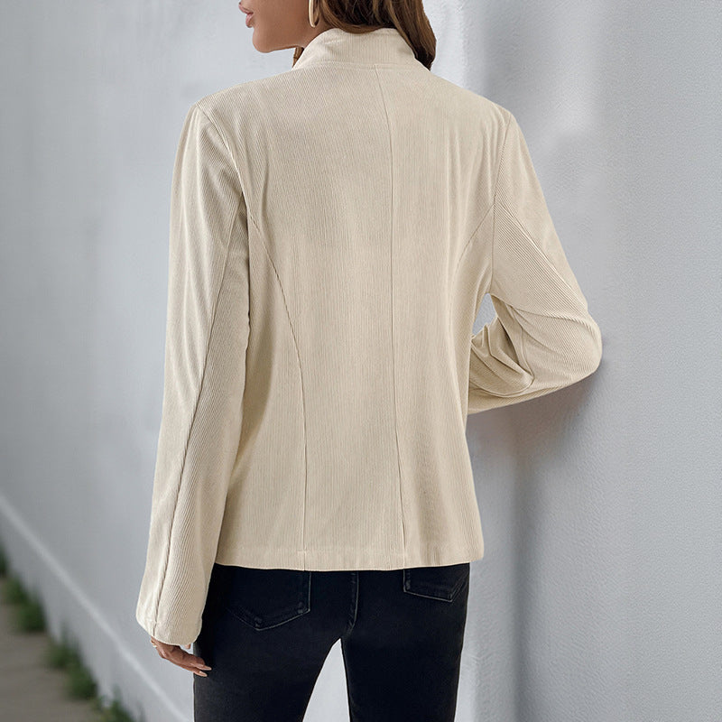 Retro style slim fit stand up corduroy apricot coat