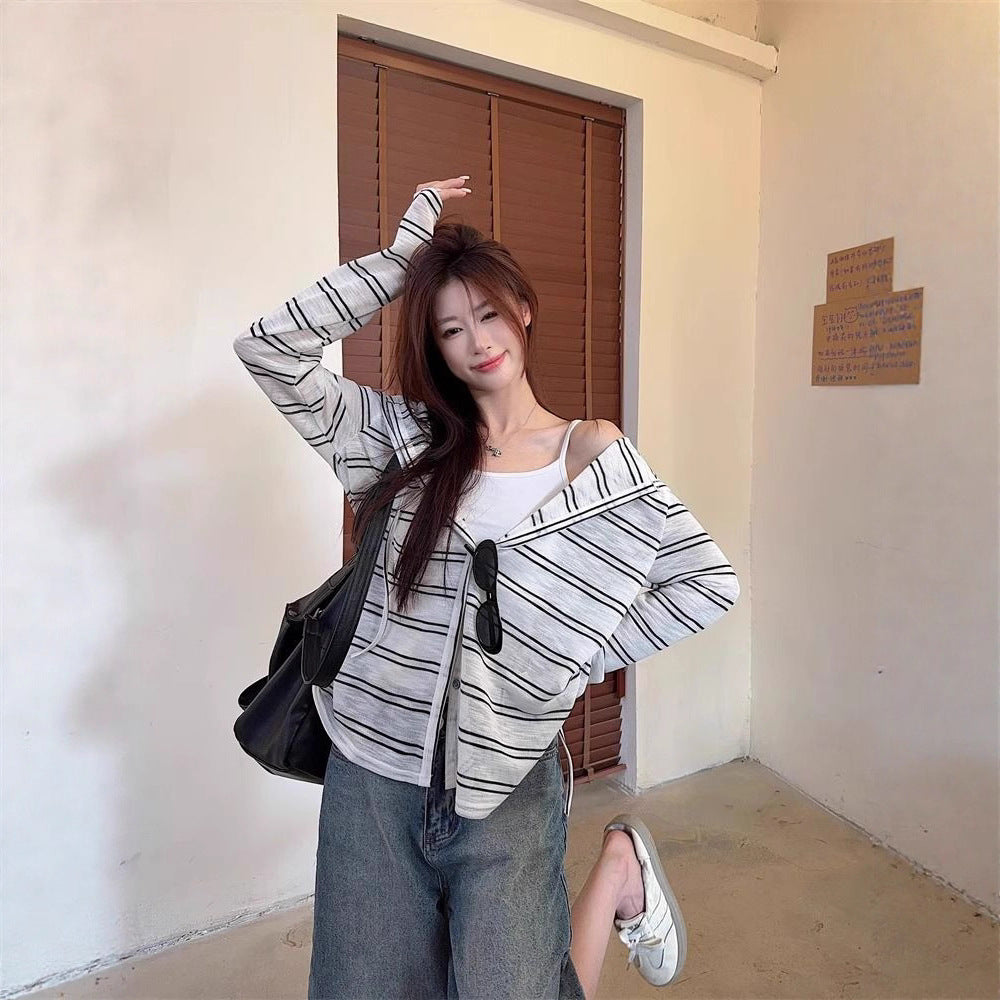 Striped Hooded Jacket for Women, Lightweight Long Sleeve Sun Protection Cardigan, Lazy Style Loose Top