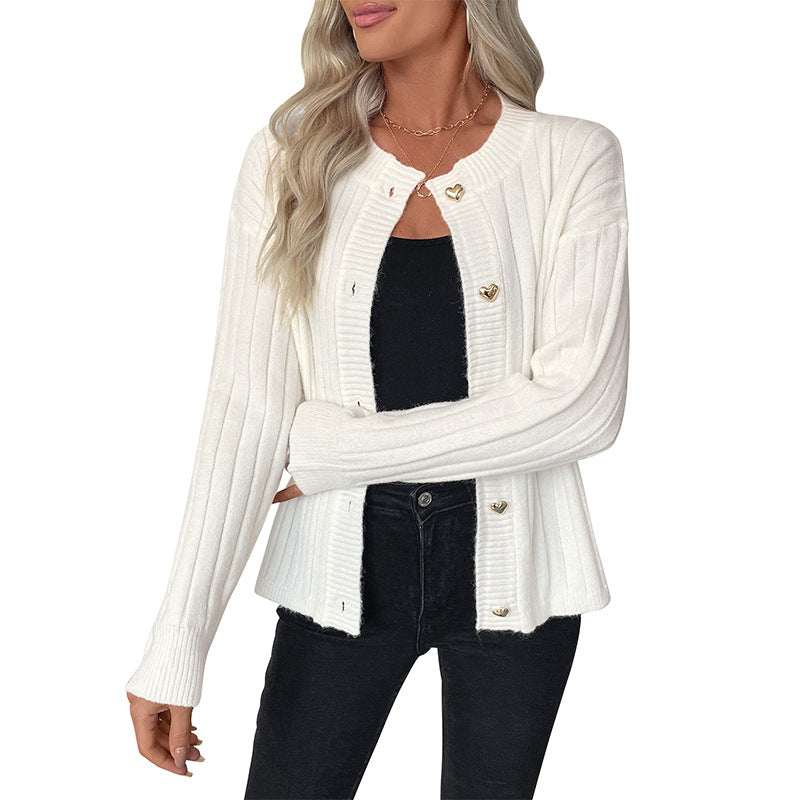 Metal heart button solid color sweater jacket cardigan