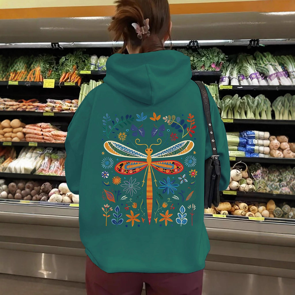 Top hoodie with dragonfly pattern print