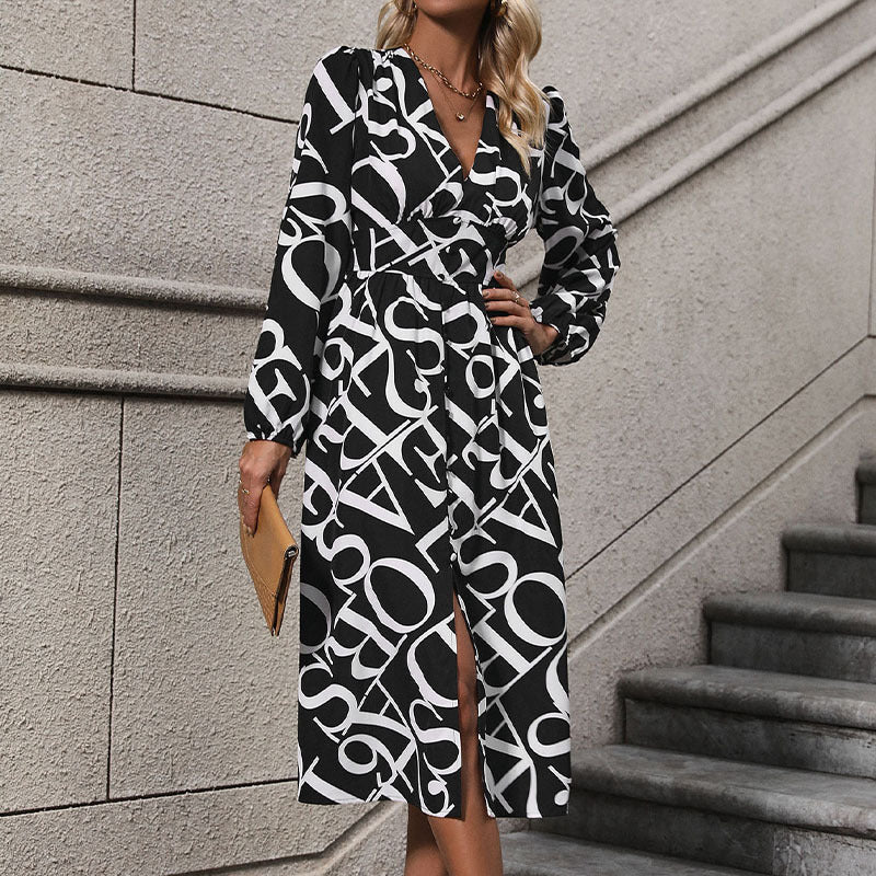 Deep V-neck long sleeved letter printed dress
