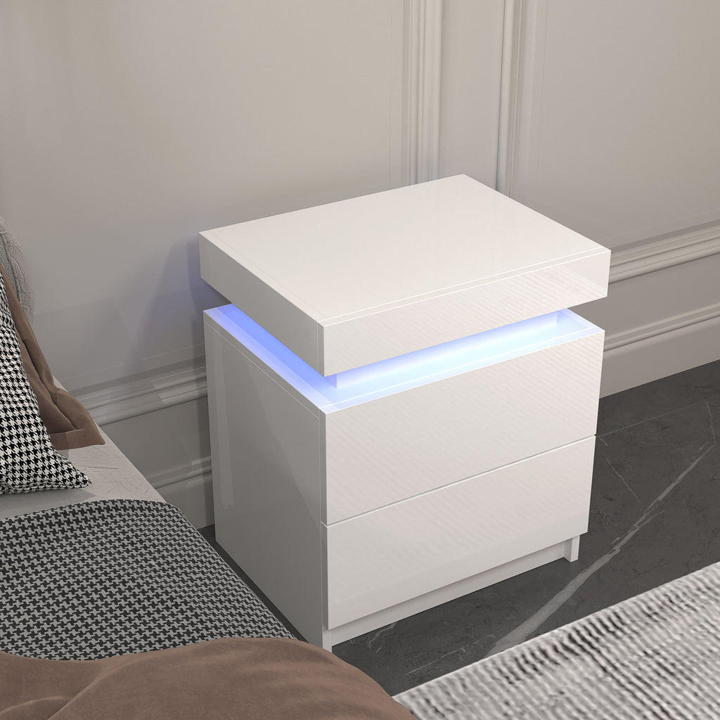 Modern white Nightstand With 2 Storage Drawers,Led Lights, End Table For Bedroom Furniture