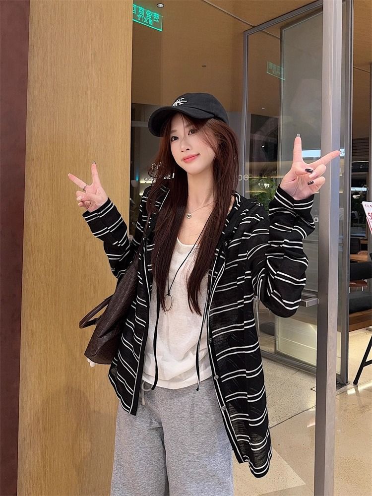 Striped Hooded Jacket for Women, Lightweight Long Sleeve Sun Protection Cardigan, Lazy Style Loose Top