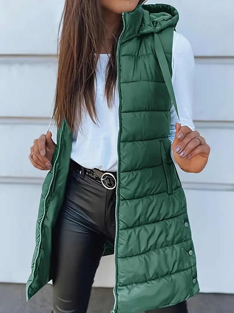 Solid color medium long vest hooded slim fit sleeveless jacket for women