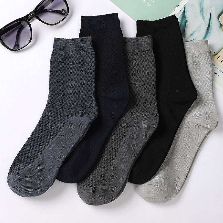 Bamboo fiber cotton socks mid tube men's socks double needle dark flower square grid socks