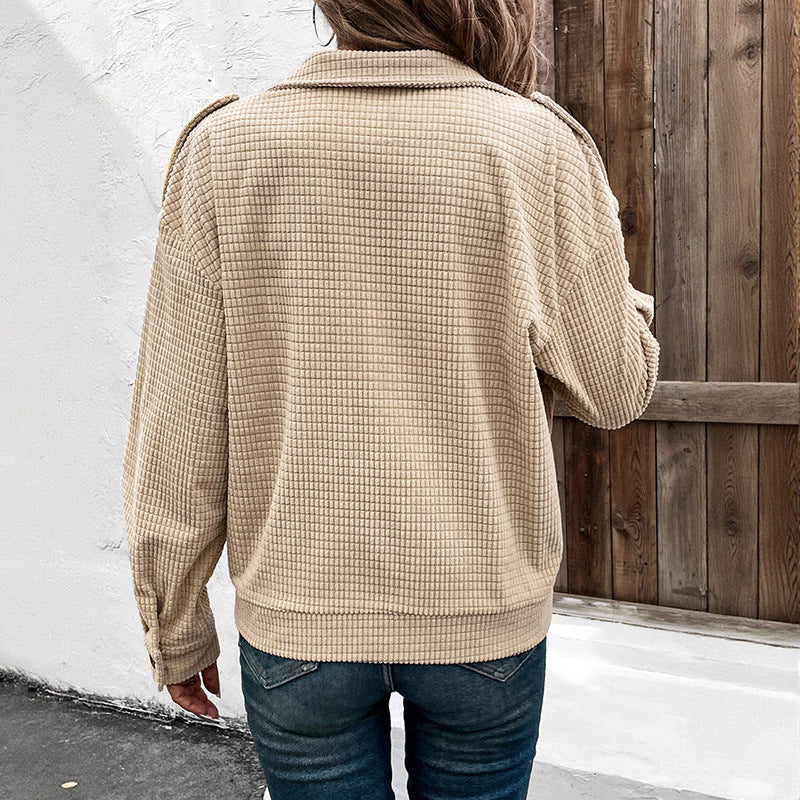 Zipper lapel textured solid color jacket for women