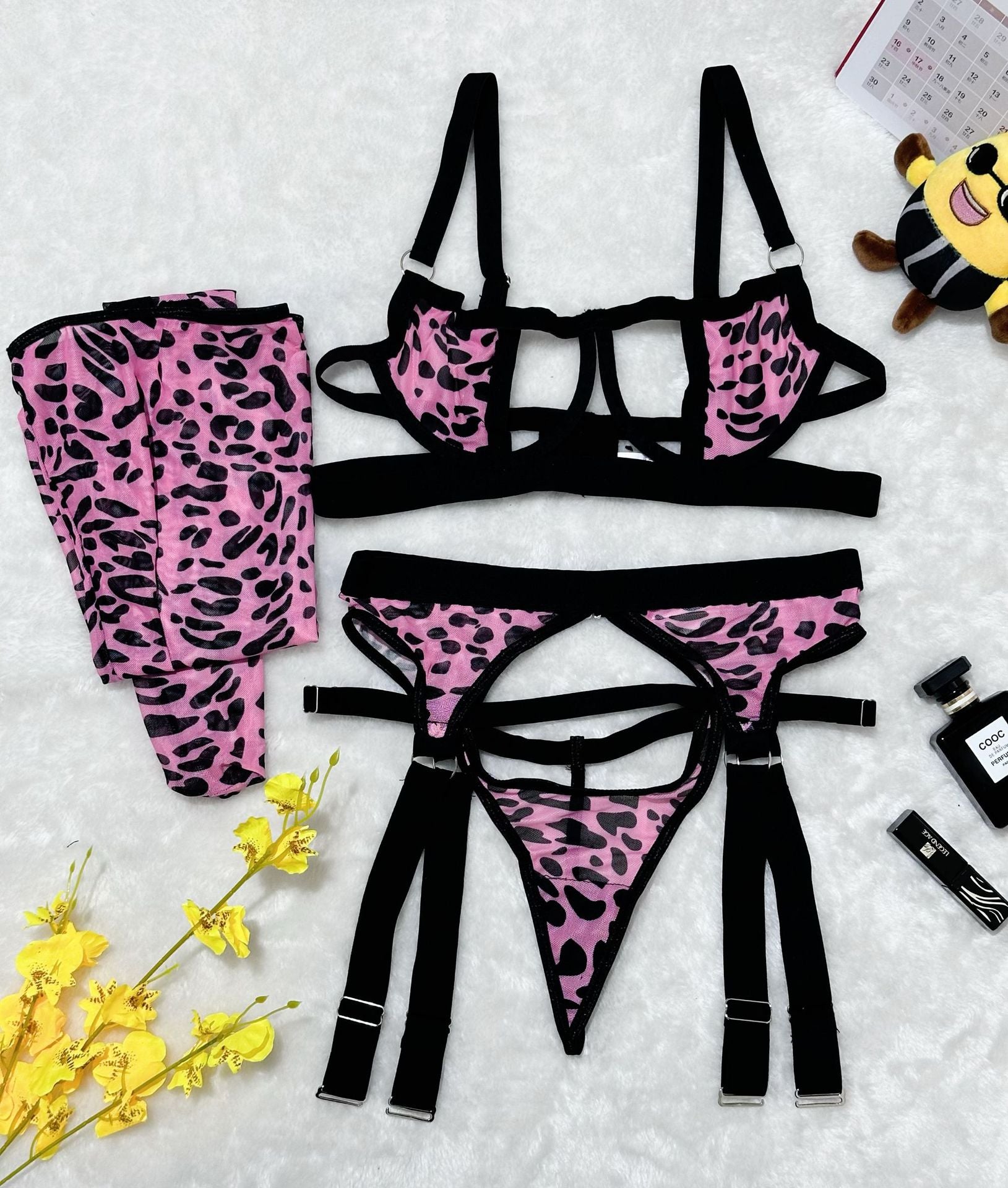 Wild Leopard Print Mesh Hollow-out Sexy Lingerie Four-piece Set with Thigh-high Socks