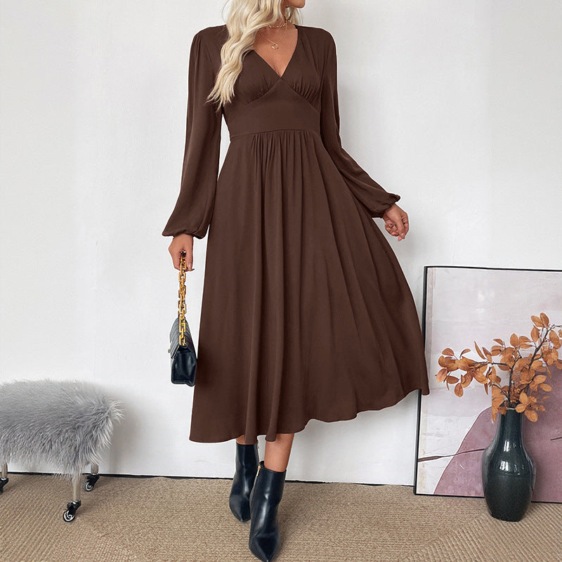 Retro style dress with waist cinched deep V-neck brown dress