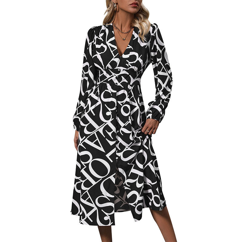 Deep V-neck long sleeved letter printed dress