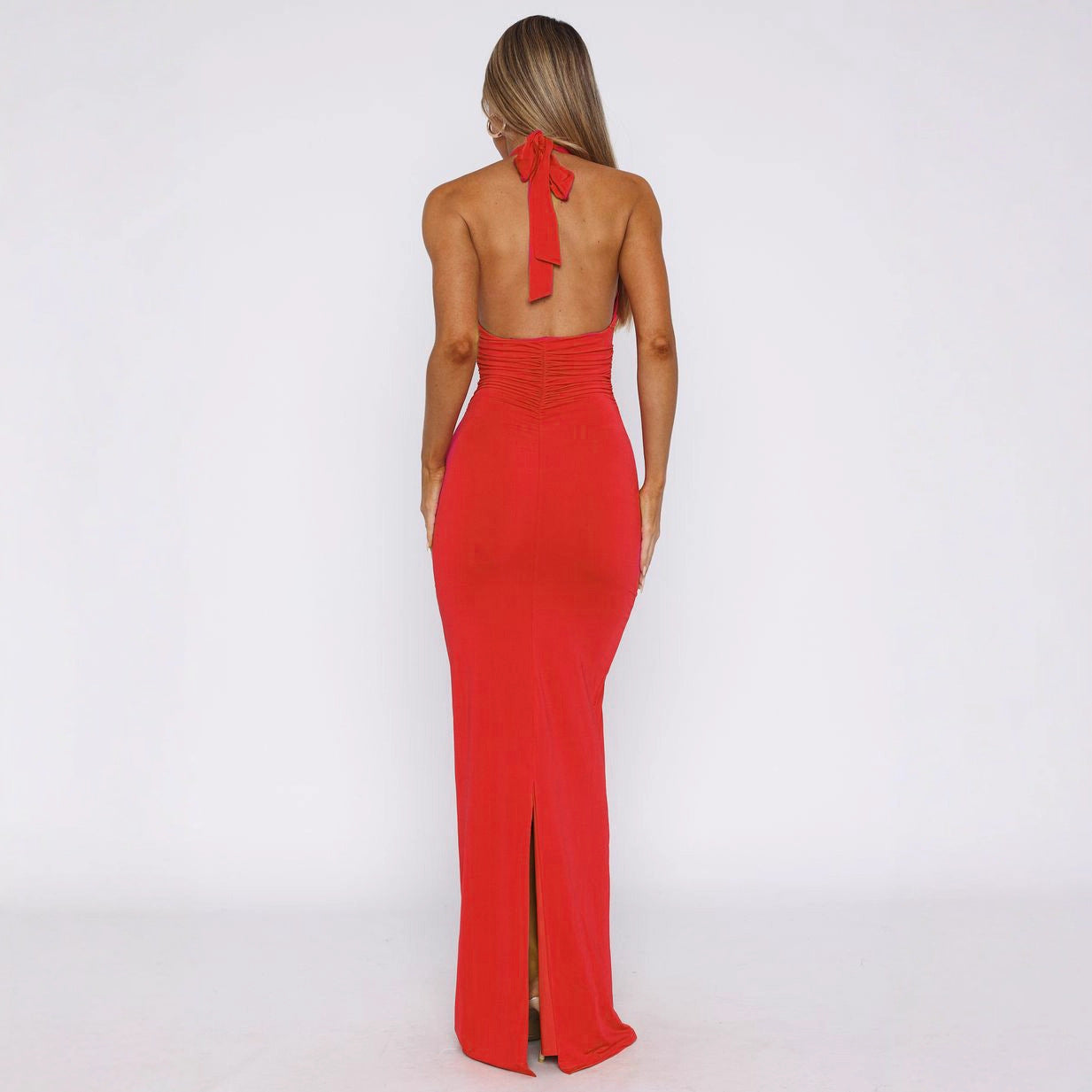 V-neck slim fit lace up backless sleeveless long dress