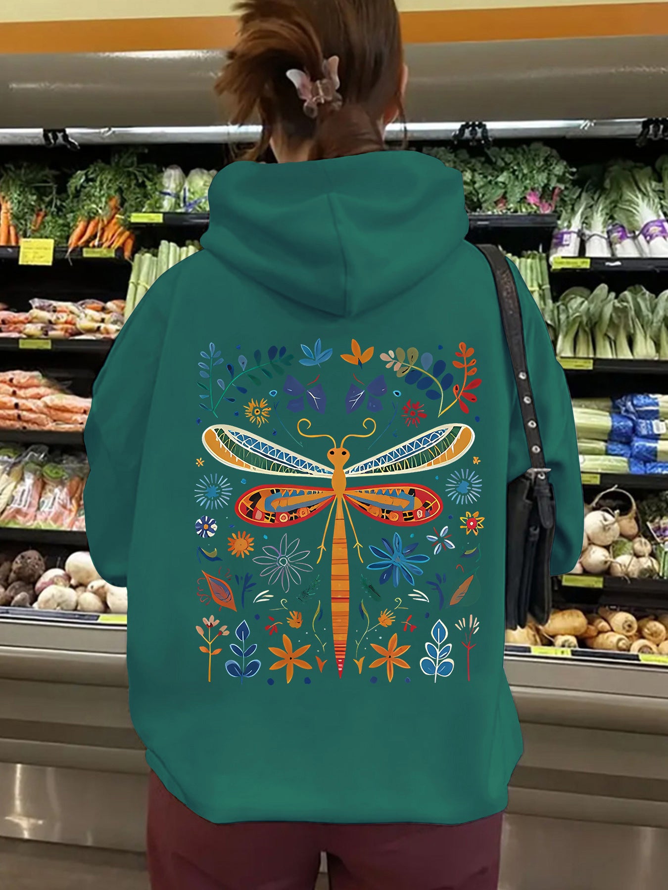 Top hoodie with dragonfly pattern print