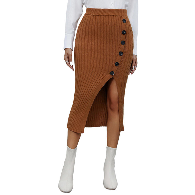 Elegant style knitted hip hugging slit solid color skirt