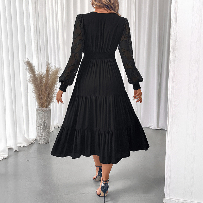 V-neck waist cinched lace long sleeved solid color dress for women