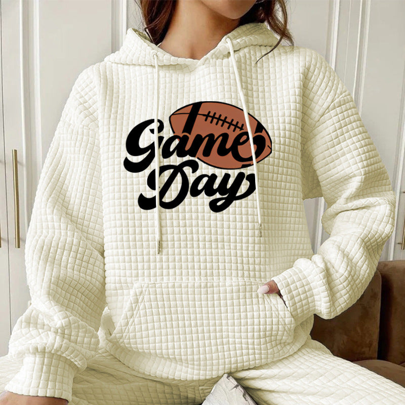 Waffle football letter pattern printed hooded sweatshirt