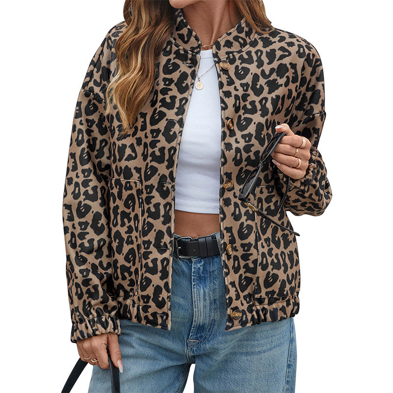 Standing collar leopard print coat for women's spring and autumn outfits