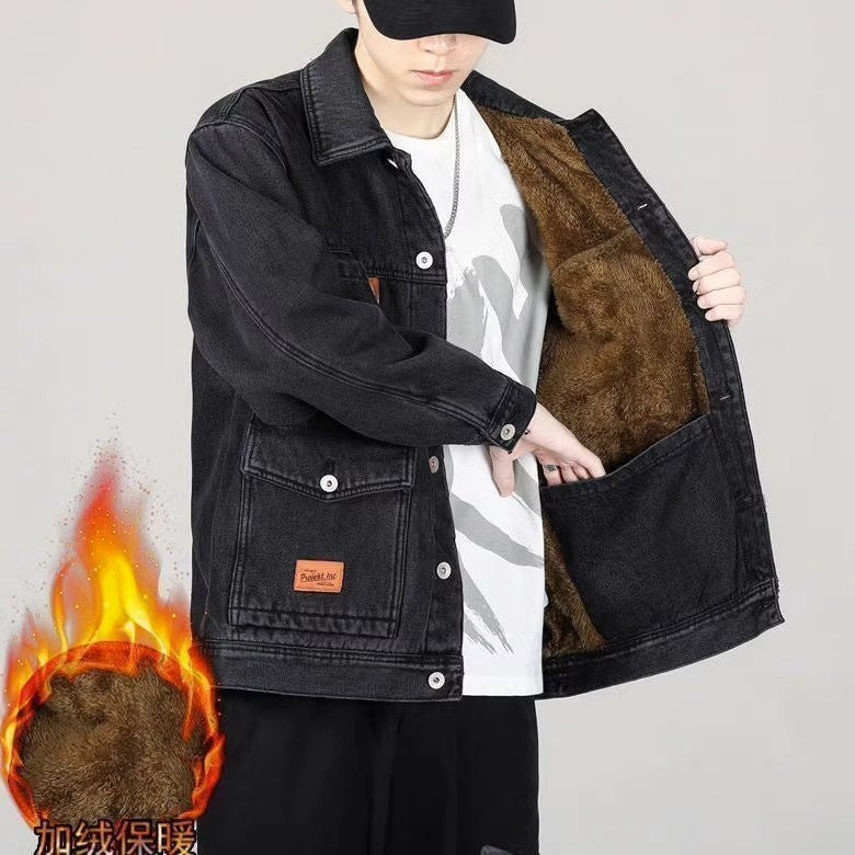 American Style Heavyweight Denim Jacket for Men, Autumn Winter, Warm Lined, Thickened, Loose Fit, Casual Outerwear