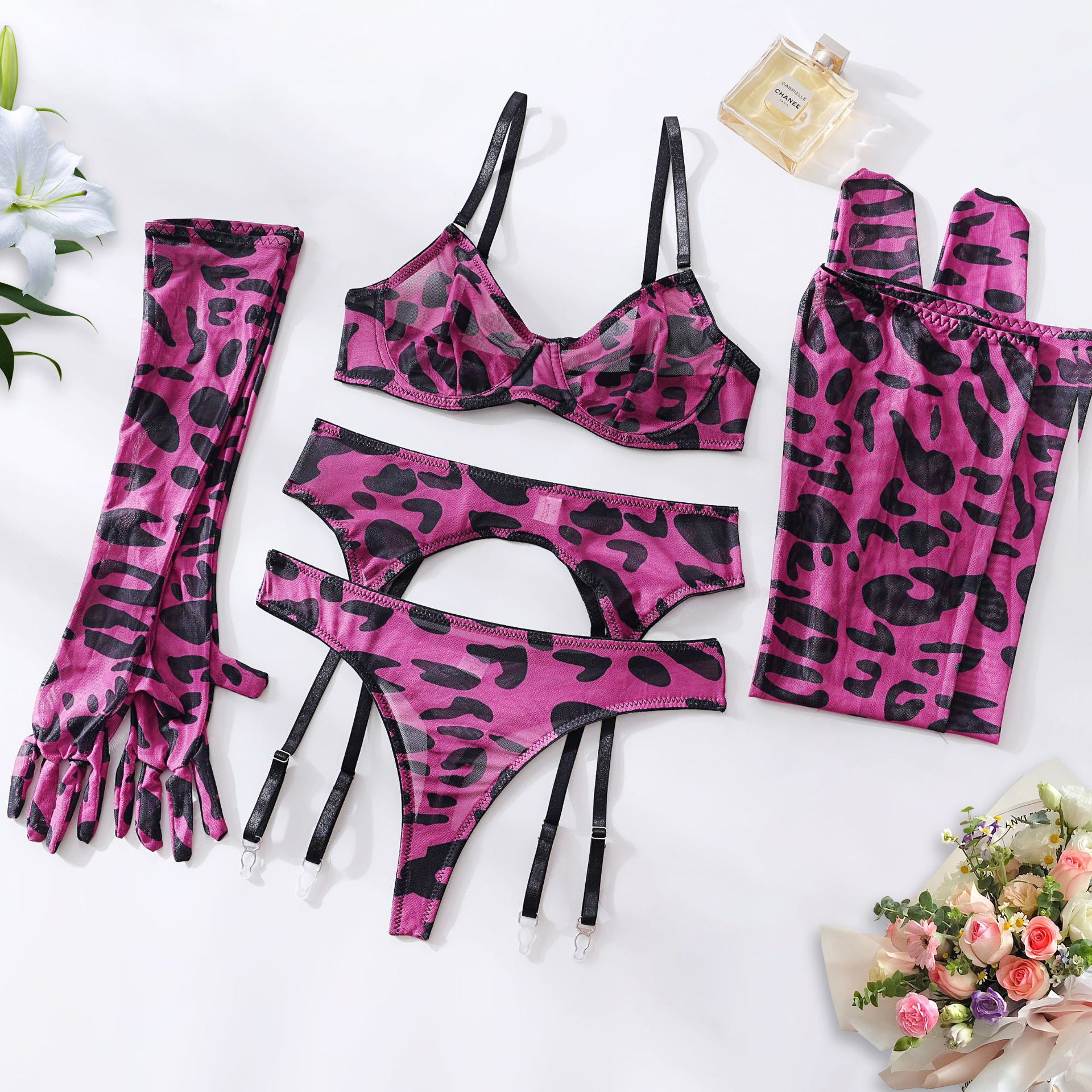 Tie-Dye Colorful Small Bust Gathering Mesh Sexy Lingerie Five-Piece Set for Women