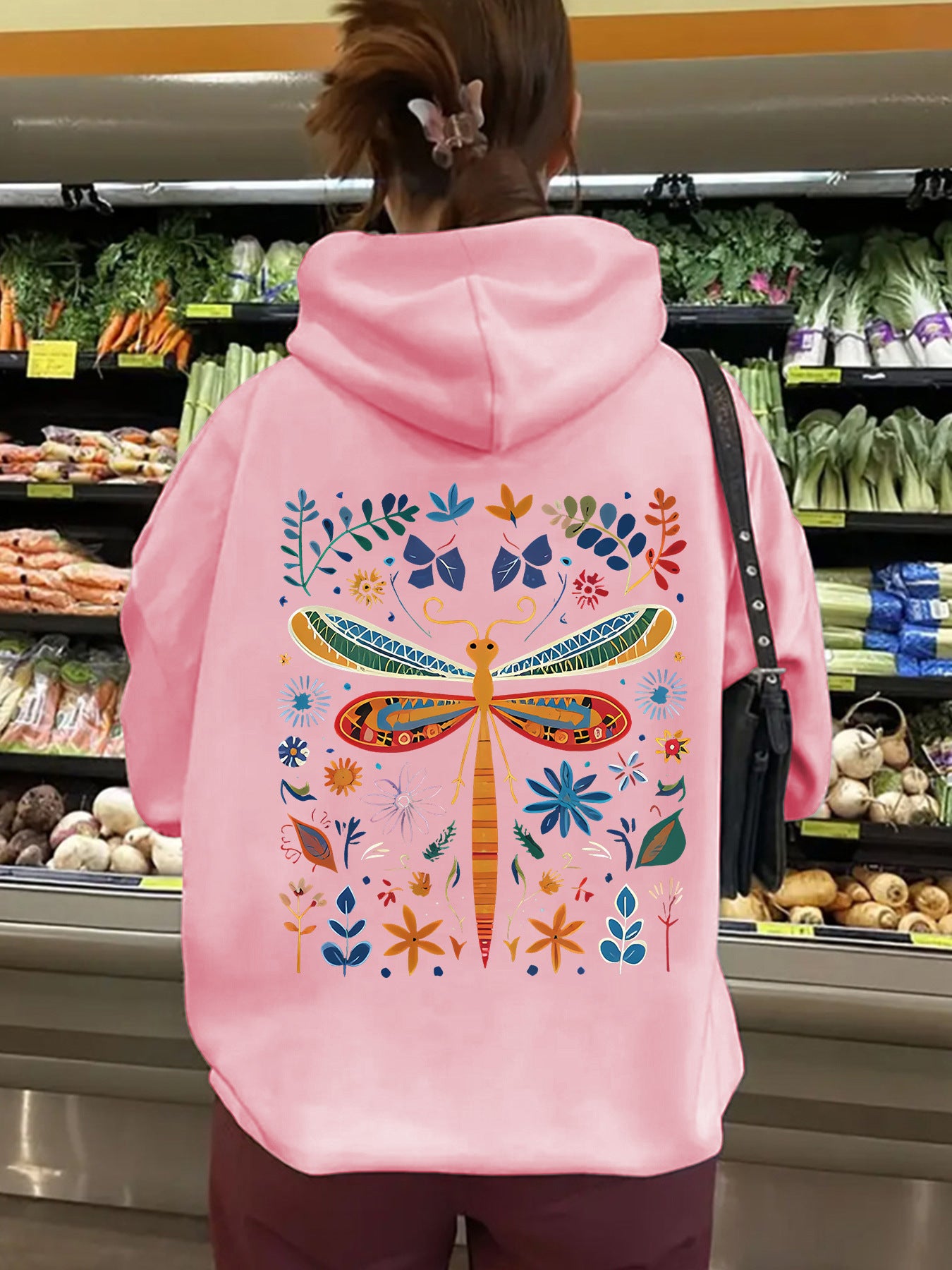 Top hoodie with dragonfly pattern print
