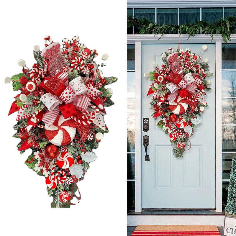 Christmas Wreath Candy Upside Down Tree Garland Artificial Xmas Ornament Hpme Porch Window Door Wall Hanging Decoration